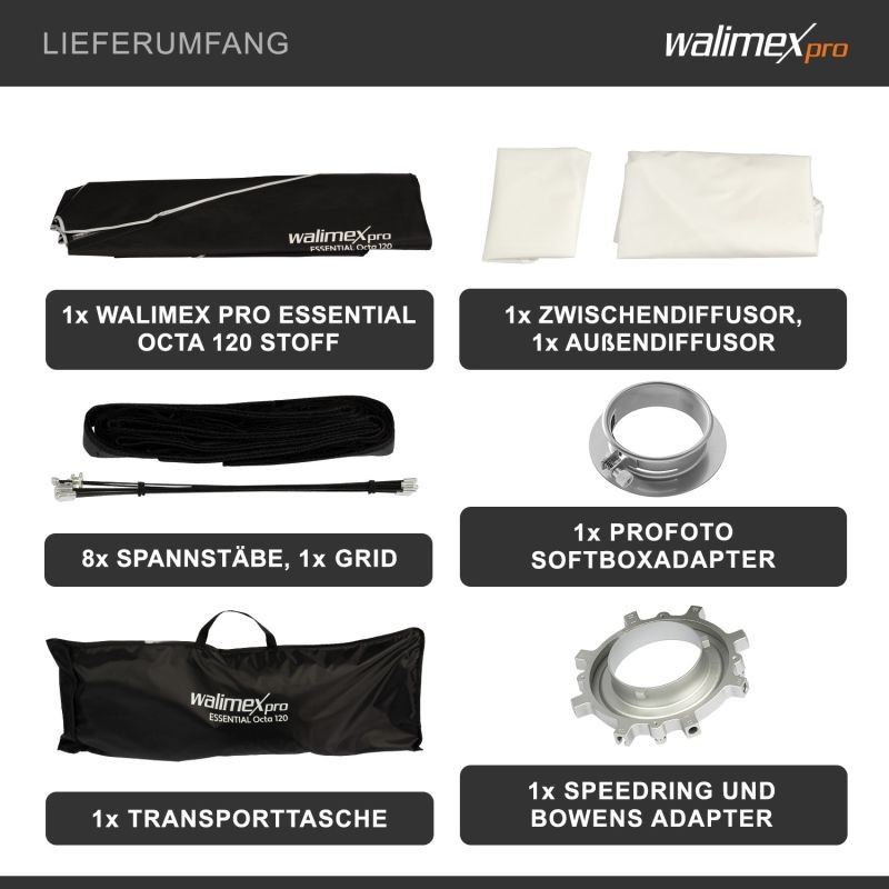 Walimex pro Essential okta-softbox 120 cm, kenno, Bowens- ja Profoto-adapterit, kuljetuslaukku
