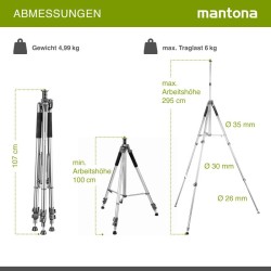 Mantona Alto 295 alumiininen kamerajalusta, kampimekanismi, korkeus 295 cm, kuormitus 6 kg