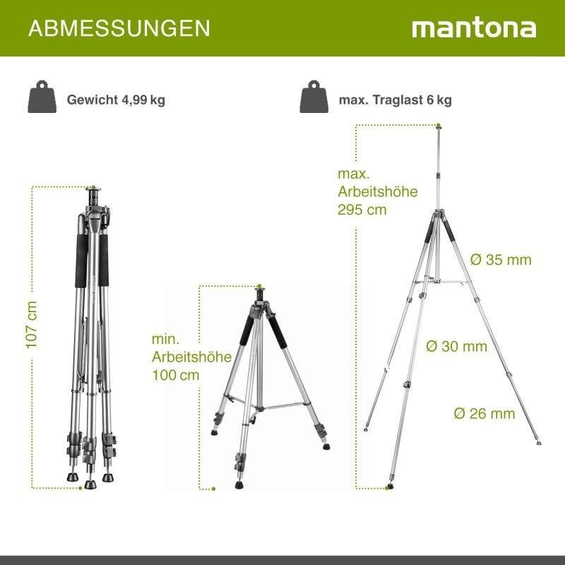 Mantona Alto 295 alumiininen kamerajalusta, kampimekanismi, korkeus 295 cm, kuormitus 6 kg