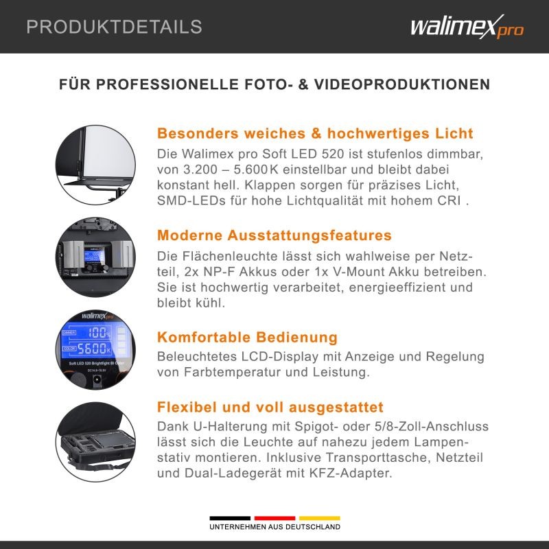 Walimex pro Soft LED 520 Brightlight Bi-Color LED-paneelivalaisin, 40 W, 3200-5600 K, LCD-näyttö