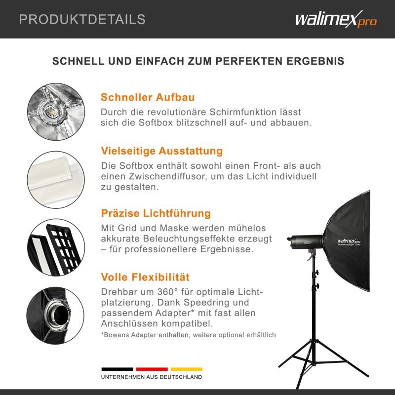 Walimex pro Studio Striplight-softbox 22 x 90 cm, Bowens- ja Hensel EH -adapterit, kenno, maski