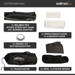 Walimex pro Studio Striplight-softbox 22 x 90 cm, Bowens- ja Hensel EH -adapterit, kenno, maski