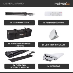 Walimex pro Octagon Softbox studiovalaistussarja 2x 60 W Bi Color LED valo 65 cm softboxit ja jalustat