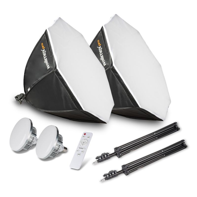 Walimex pro Octagon Softbox studiovalaistussarja, 2x 60 W Bi-Color LED-valo, 65 cm softboxit ja jalustat