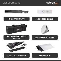 Walimex pro LED videovalaistussarja 60 W 2x softbox 40 x 60 cm 2x jalusta Bi Color kaukosäädin