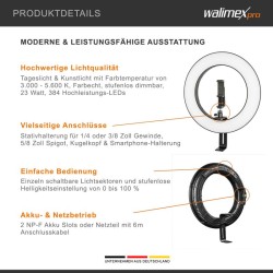 Walimex pro LED-rengasvalo 380 Bi-Color 23 W, 38 cm, kameran ja puhelimen lisävarusteilla
