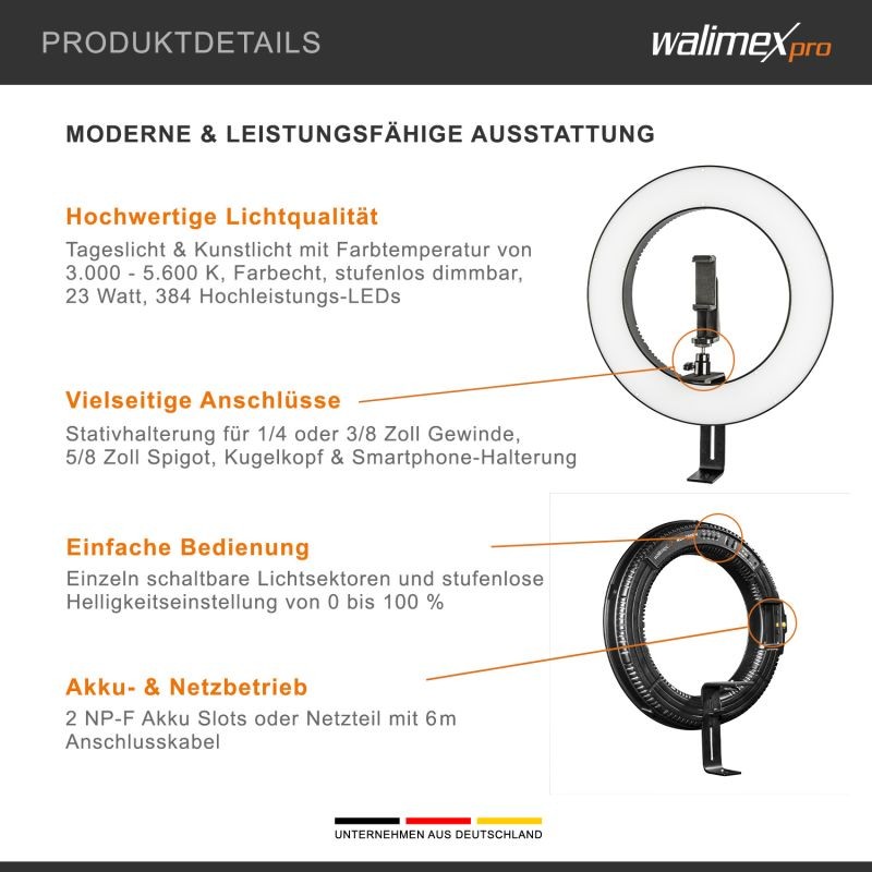 Walimex pro LED-rengasvalo 380 Bi-Color 23 W, 38 cm, kameran ja puhelimen lisävarusteilla
