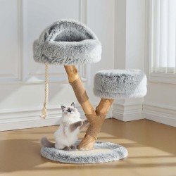 Fudajo kiipeilypuu 80 cm, oksisto-muotoilu, päärynäpuu ja plyysi, kissanpesällä