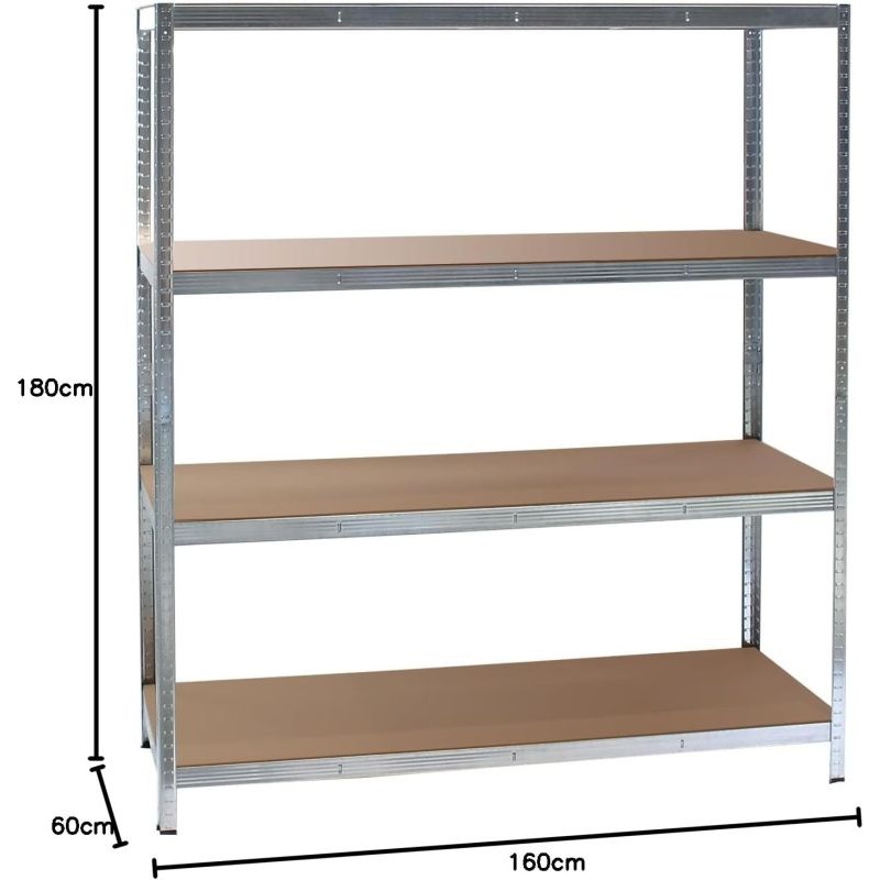 Raskashyllystö 160x60x180 cm, 4 hyllytasoa, 175 kg/taso, sinkitty teräs ja MDF, hopea