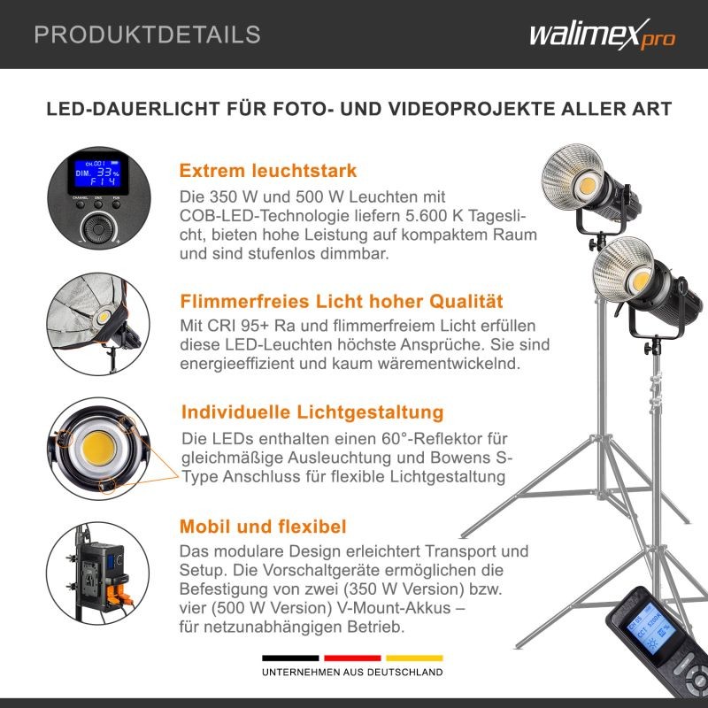 Walimex pro Niova Plus Daylight LED-studiovalaisinsarja 350 W & 500 W, Bowens-heijastimet