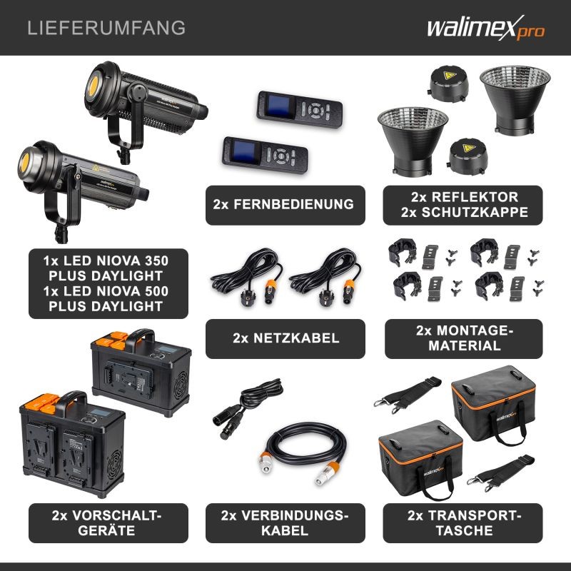 Walimex pro Niova Plus Daylight LED-studiovalaisinsarja 350 W & 500 W, Bowens-heijastimet