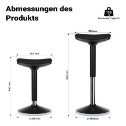 Ergonominen pyörivä istuin- ja seisomajakkara, musta, korkeussäädettävä 55-82 cm, max. 135 kg