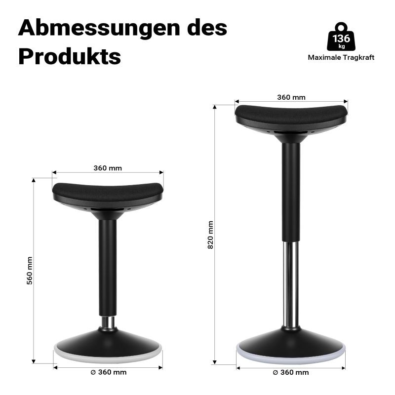 Ergonominen pyörivä istuin- ja seisomajakkara, musta, korkeussäädettävä 55-82 cm, max. 135 kg