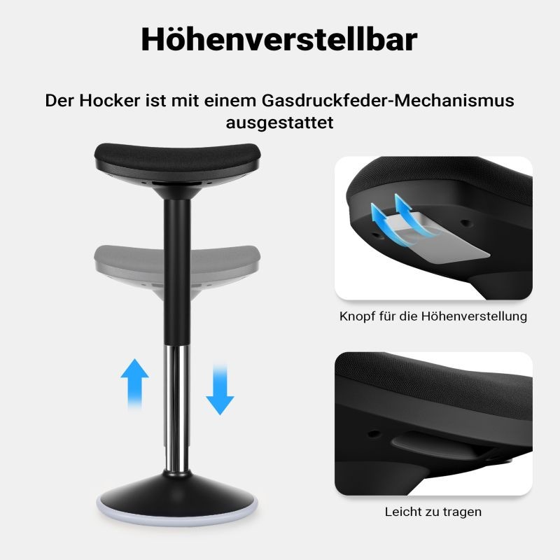 Ergonominen pyörivä istuin- ja seisomajakkara, musta, korkeussäädettävä 55-82 cm, max. 135 kg