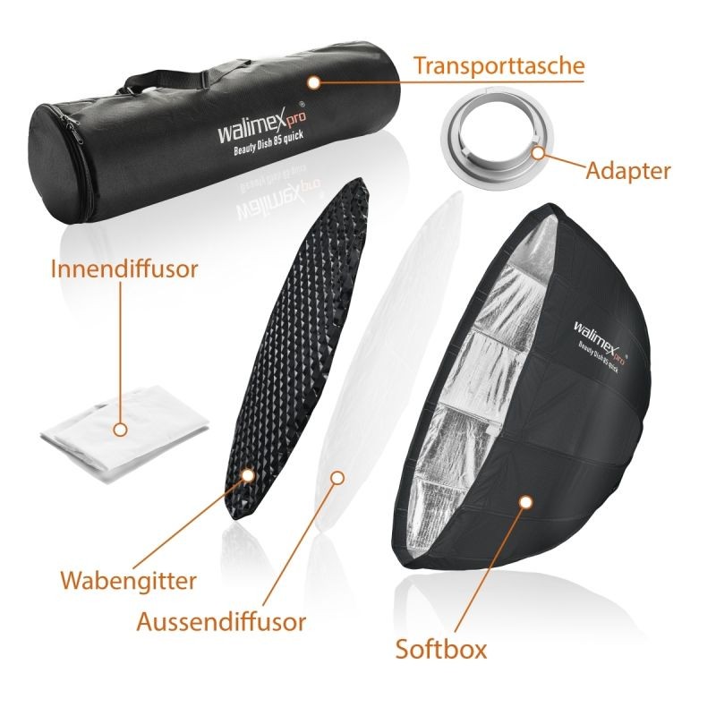 Walimex pro Studio Line Beauty Dish -softbox 85 cm, hopea, Aurora/Bowens-adapteri, kenno, diffuusorit, laukku