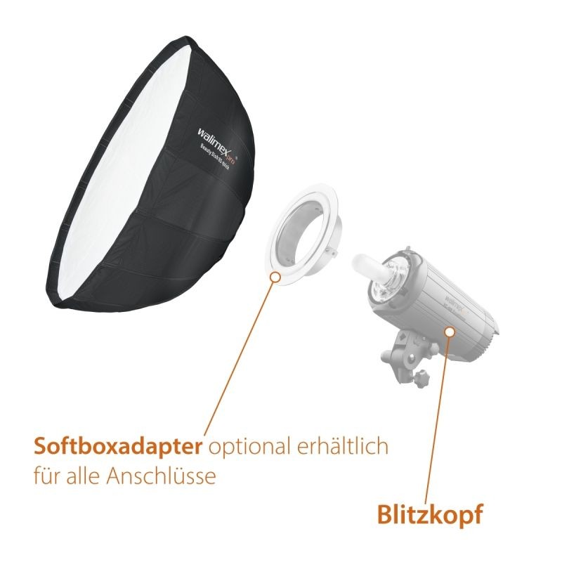 Walimex pro Studio Line Beauty Dish -softbox 85 cm, hopea, Aurora/Bowens-adapteri, kenno, diffuusorit, laukku