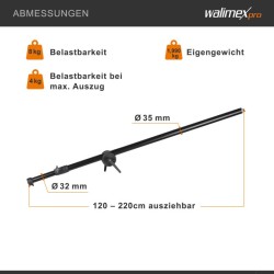 Walimex pro Deluxe puomivarsi 120–220 cm, musta, 8 kg kantavuus, vastapainopussilla
