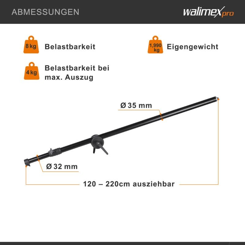 Walimex pro Deluxe puomivarsi 120–220 cm, musta, 8 kg kantavuus, vastapainopussilla