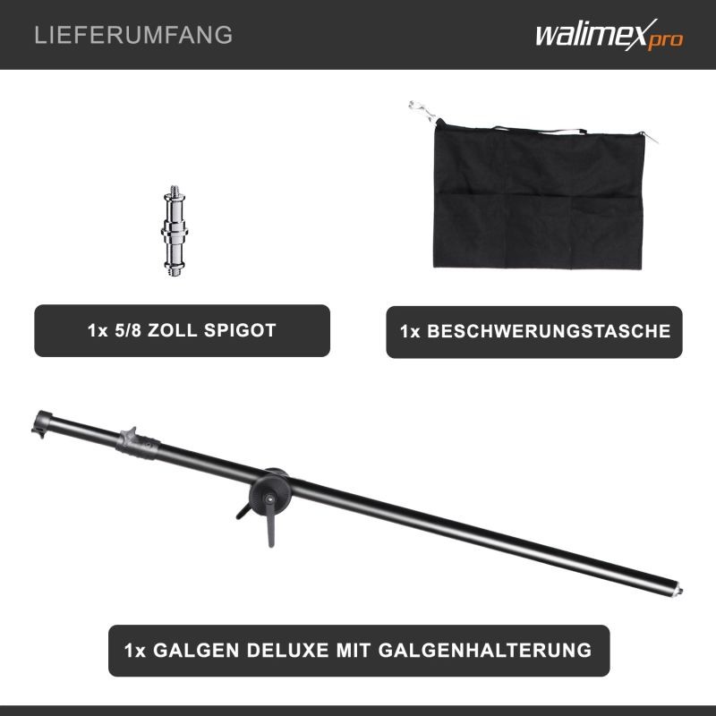 Walimex pro Deluxe puomivarsi 120–220 cm, musta, 8 kg kantavuus, vastapainopussilla