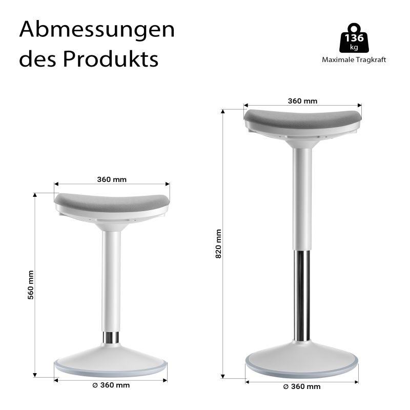 Ergonominen kääntyvä istu- ja seisomajakkara, harmaa, korkeussäädettävä 55–82 cm, enintään 135 kg