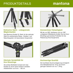 Mantona Kodiak XL 324 alumiininen kamerajalusta, 180 cm, kantavuus 18 kg, 180° käännettävä keskiputki