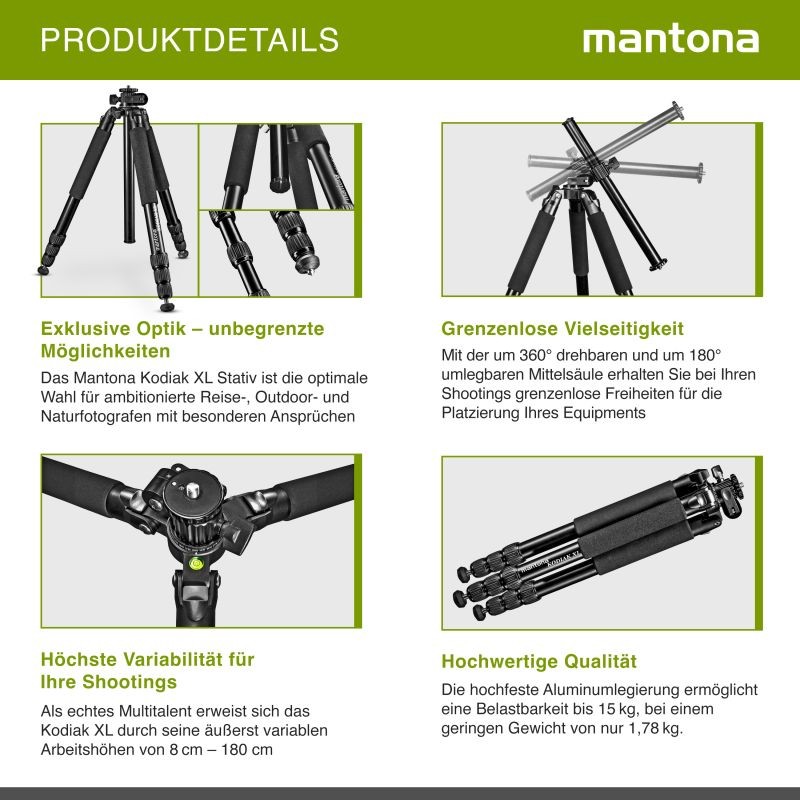 Mantona Kodiak XL 324 alumiininen kamerajalusta, 180 cm, kantavuus 18 kg, 180° käännettävä keskiputki