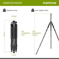 Mantona Kodiak XL 324 alumiininen kamerajalusta, 180 cm, kantavuus 18 kg, 180° käännettävä keskiputki