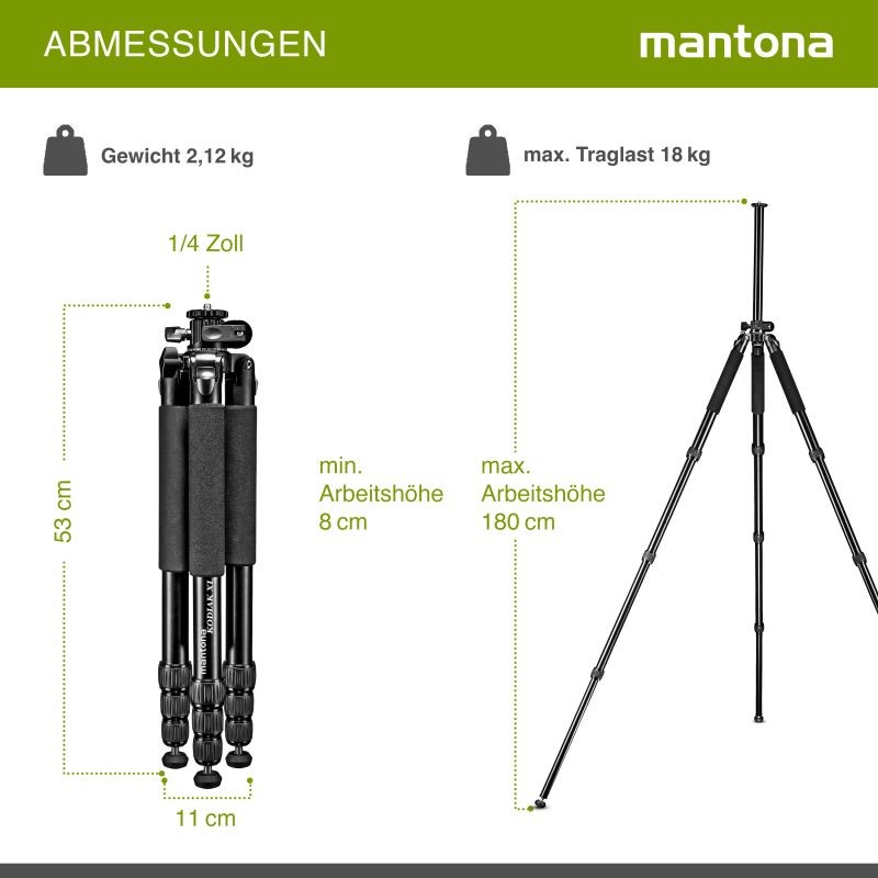 Mantona Kodiak XL 324 alumiininen kamerajalusta, 180 cm, kantavuus 18 kg, 180° käännettävä keskiputki