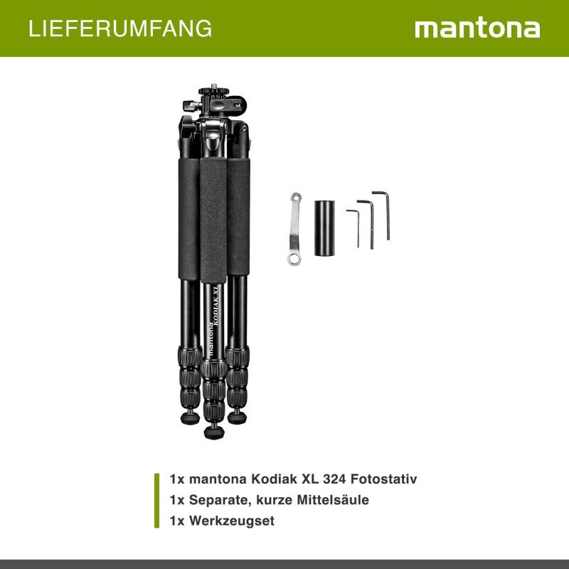 Mantona Kodiak XL 324 alumiininen kamerajalusta, 180 cm, kantavuus 18 kg, 180° käännettävä keskiputki