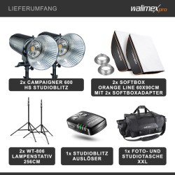 Walimex pro Campaigner 600 HS studiovalaistussetti 2 kpl 600 Ws salamavaloa softboxit 60 x 90 cm ja valojalat