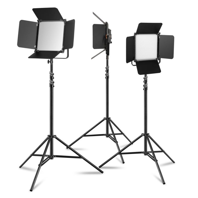 Walimex pro 3 kpl LED Niova 100-F Pro 100 W Bi-Color LED-paneelivalaisin ja 3 kpl WT-806-jalusta