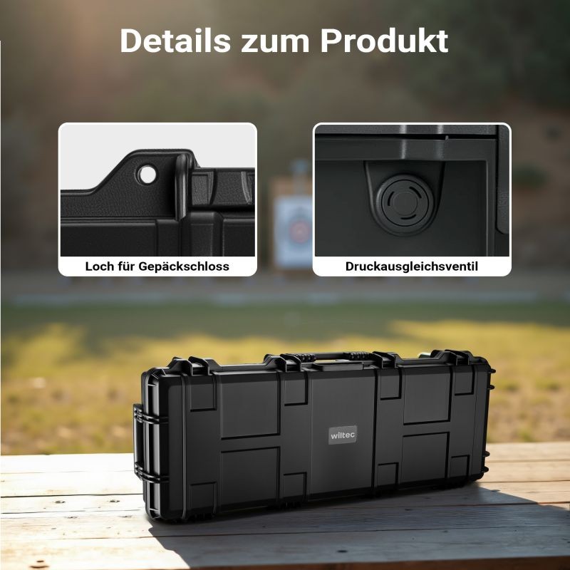 Pitkien aseiden kuljetuslaatikko 109,8 x 41,5 x 15,5 cm, musta, vaahtomuovipehmusteet