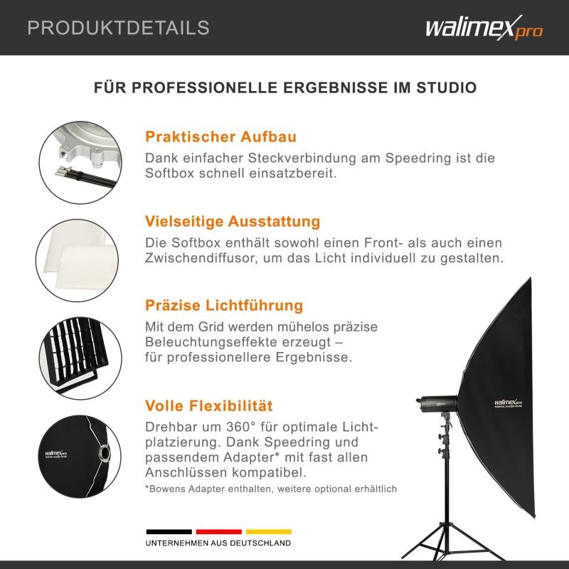 Walimex pro Essential Striplight-softbox 40 x 180 cm, kenno, Bowens- ja Elinchrom-adapterit