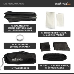 Walimex pro Studio Softbox 60x90 cm, kenno, maskit, Bowens- ja Elinchrom-adapterit, kuljetuslaukku