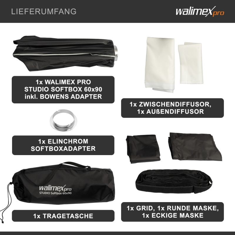 Walimex pro Studio Softbox 60x90 cm, kenno, maskit, Bowens- ja Elinchrom-adapterit, kuljetuslaukku
