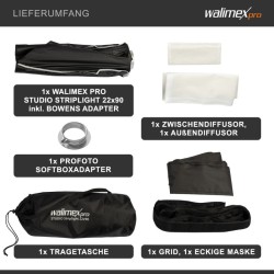 Walimex pro Studio Striplight-softbox 22 x 90 cm, Bowens- ja Profoto-adapterit, kenno, maski, kuljetuslaukku