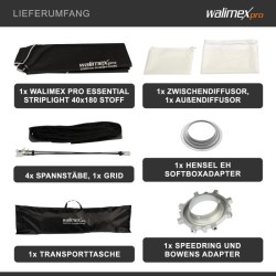 Walimex pro Essential Striplight softbox 40 x 180 cm kenno Bowens ja Hensel EH adapterit kuljetuslaukku