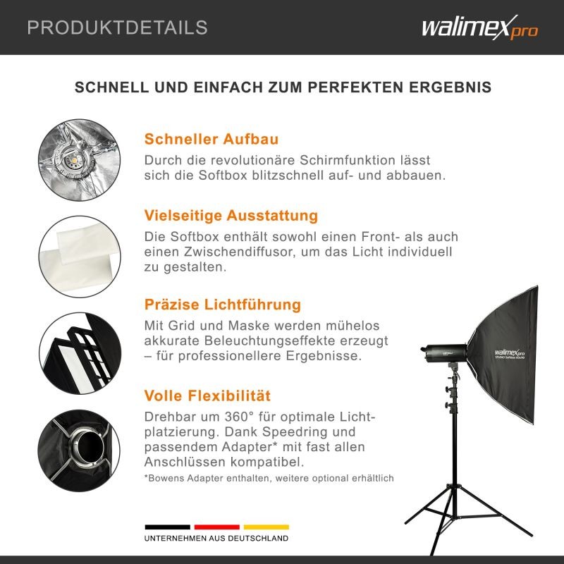 Walimex pro Studio Softbox 60x90 cm, Bowens- ja Hensel EH -adapterit, kenno-grid, maskit ja kuljetuslaukku