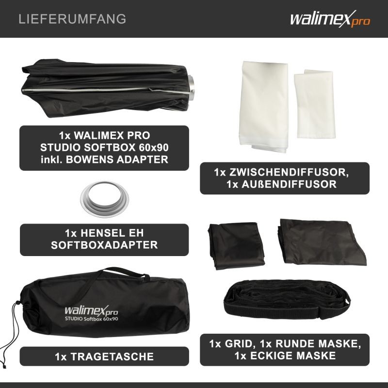 Walimex pro Studio Softbox 60x90 cm, Bowens- ja Hensel EH -adapterit, kenno-grid, maskit ja kuljetuslaukku