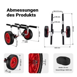 Alumiininen kuljetusvaunu kanootille, kajakille ja SUP-laudalle, max 90 kg, 31 cm PU-renkaat, säädettävä leveys