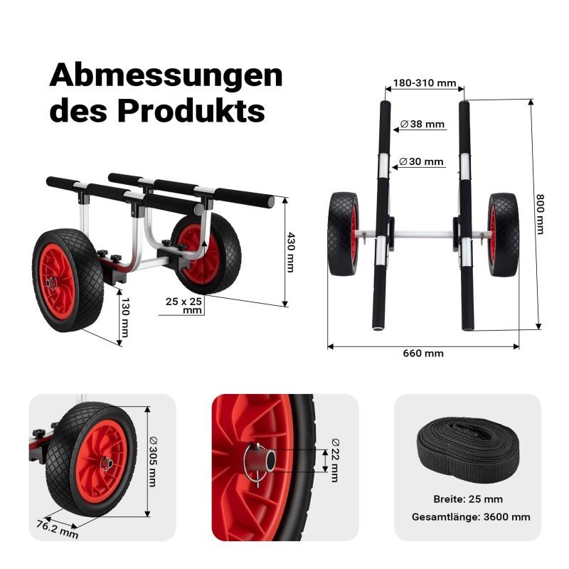 Alumiininen kuljetusvaunu kanootille, kajakille ja SUP-laudalle, max 90 kg, 31 cm PU-renkaat, säädettävä leveys
