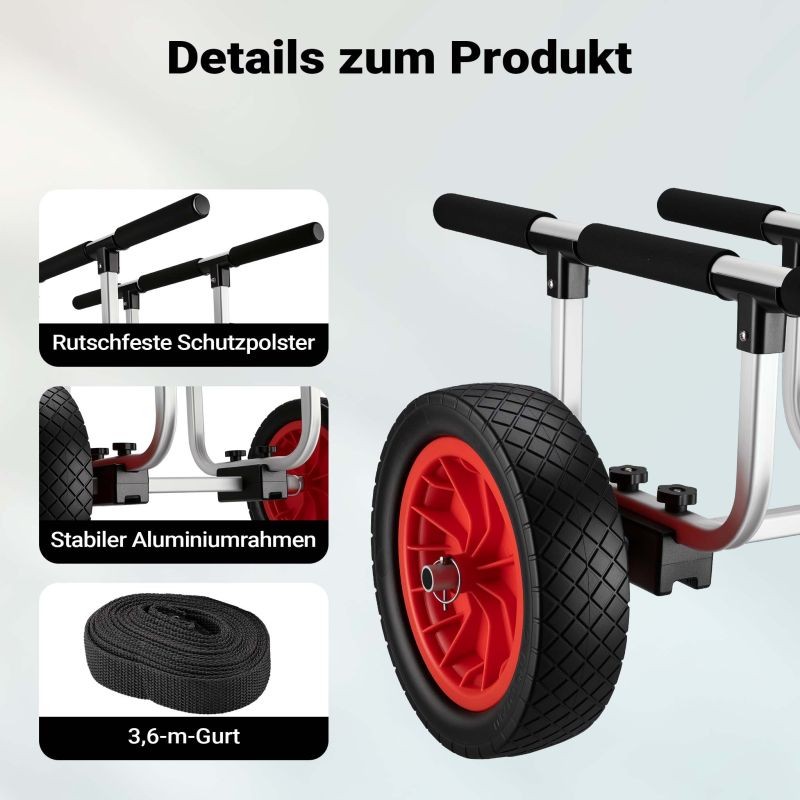 Alumiininen kuljetusvaunu kanootille, kajakille ja SUP-laudalle, max 90 kg, 31 cm PU-renkaat, säädettävä leveys