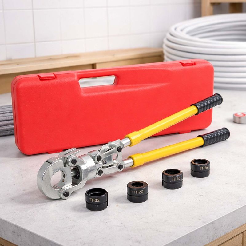 Putkipuristuspihdistö PE-X-monikerrosputkille, 4 lisäosaa Ø 16-32 mm, TH-profiili, 6,1 t puristusvoima