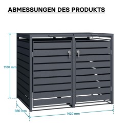 Jäteastiasuojus 2 astialle, antrasiitti RAL 7016, galvanoitu teräs, lukittava, 1420 x 980 x 1160 mm