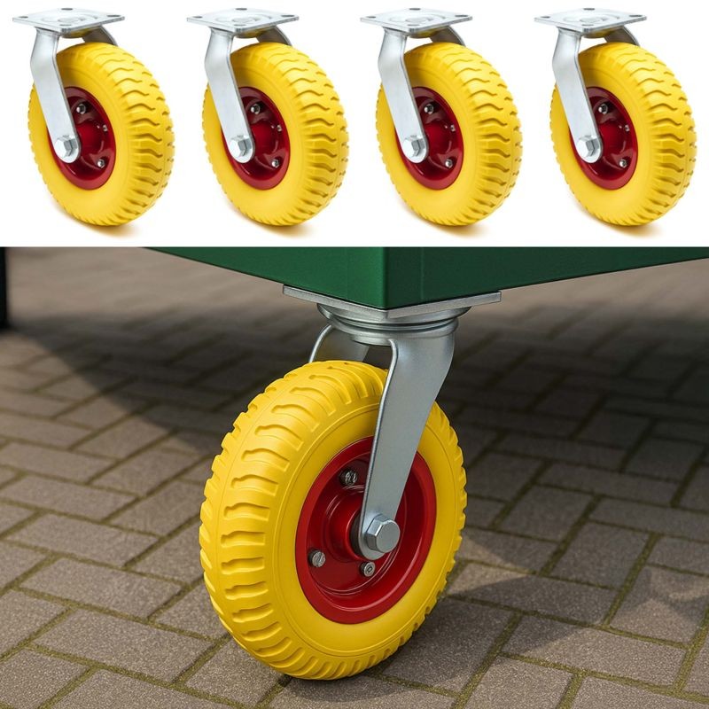Kääntyvät kuljetuspyörät 4 kpl, Ø 220 mm, 58 mm, 100 kg/kpl, keltainen PU-materiaali, jousitettu kiinnitys