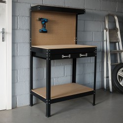 Työpöytä 1150 x 550 x 1400 mm, MDF-työtaso, teräsrunko, rei'itysseinä ja koukut, ruskea