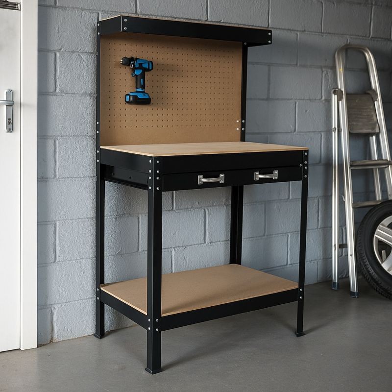 Työpöytä 1150 x 550 x 1400 mm, MDF-työtaso, teräsrunko, rei'itysseinä ja koukut, ruskea