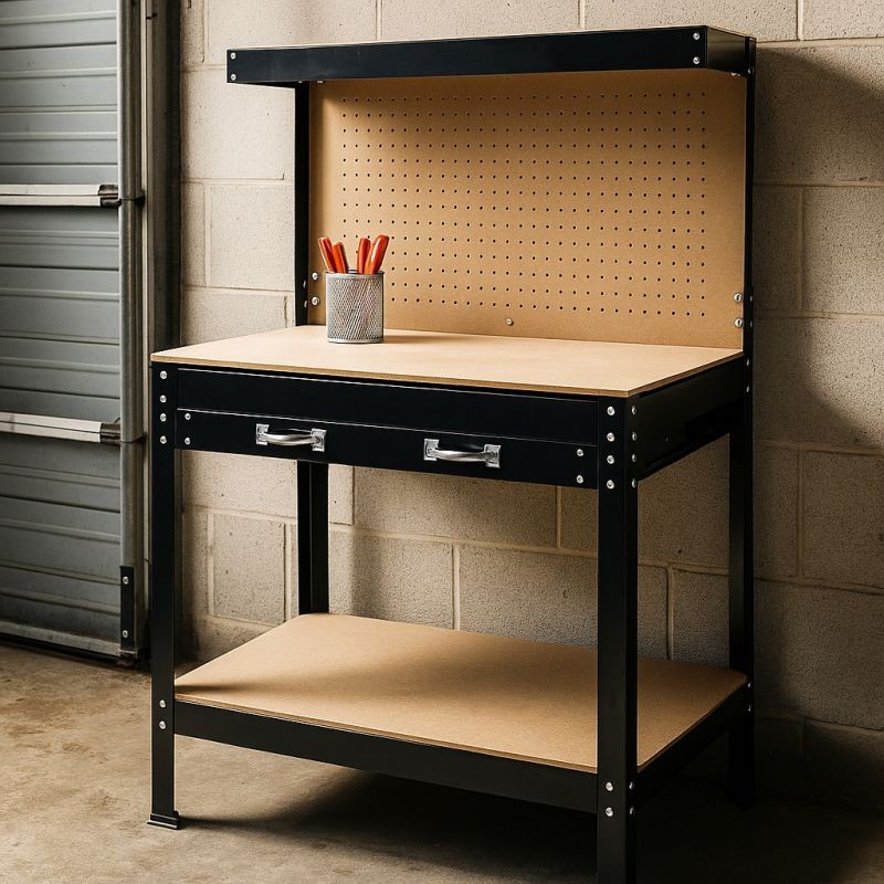 Työpöytä 1150 x 550 x 1400 mm, MDF-työtaso, teräsrunko, rei'itysseinä ja koukut, ruskea