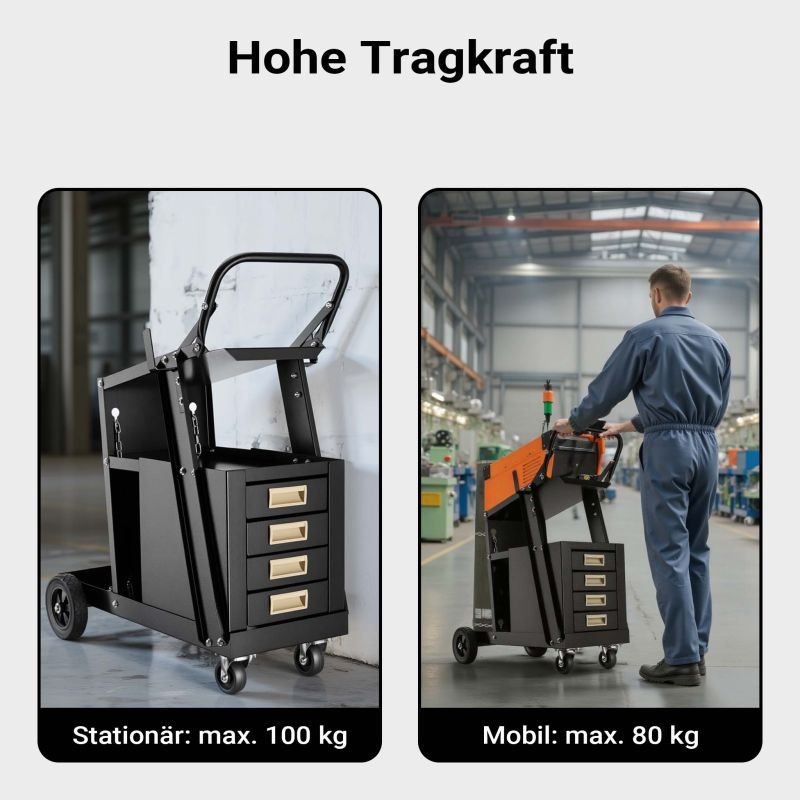 Hitsausvaunu hitsauslaitteelle ja kaasupullolle, 4 vetolaatikkoa, teräs, musta, kantavuus 100 kg