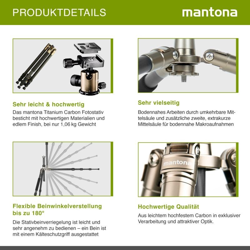 Mantona Titanium Carbon hiilikuitujalusta 170 cm, kuulapää ja kuljetuslaukku, Arca Swiss -yhteensopiva